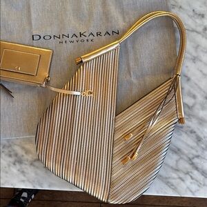 Donna Karan Gold Metallic Pleated Hobo Shoulder Bag